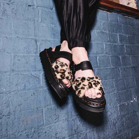 Dr. Martins Voss Fluffy Faux Fur Leather Sandals 8 - Picture 2 of 12